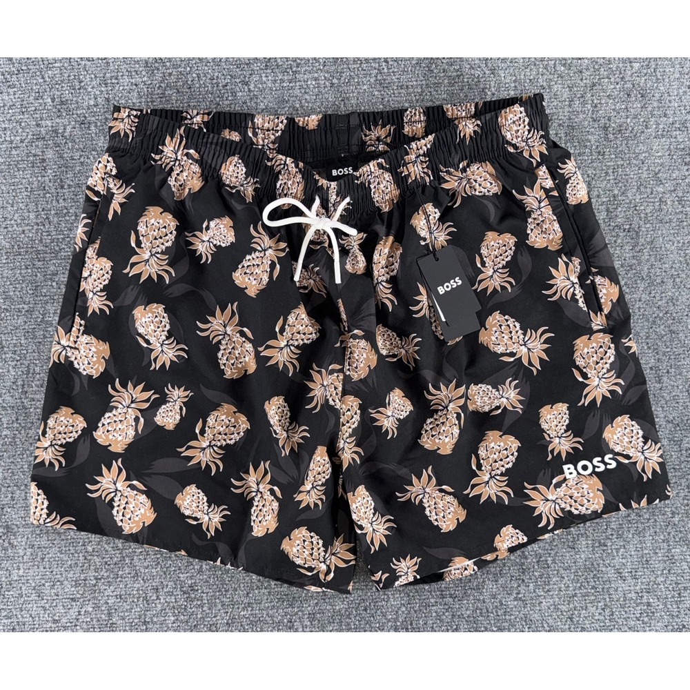 Hugo Boss Men Pineapple Print Swim Shorts Black XL Logo Drawstring Trunks